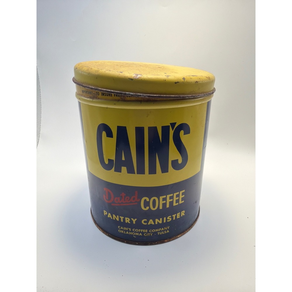 Vintage Cains Dated Coffee Pantry Canister Yellow Black Decoware Advertising Tin